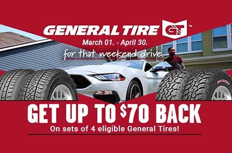 Heinold & Feller | Promotional advertisement for General Tires offering a rebate of up to $70 on sets of 4 eligible tires for a limited period.