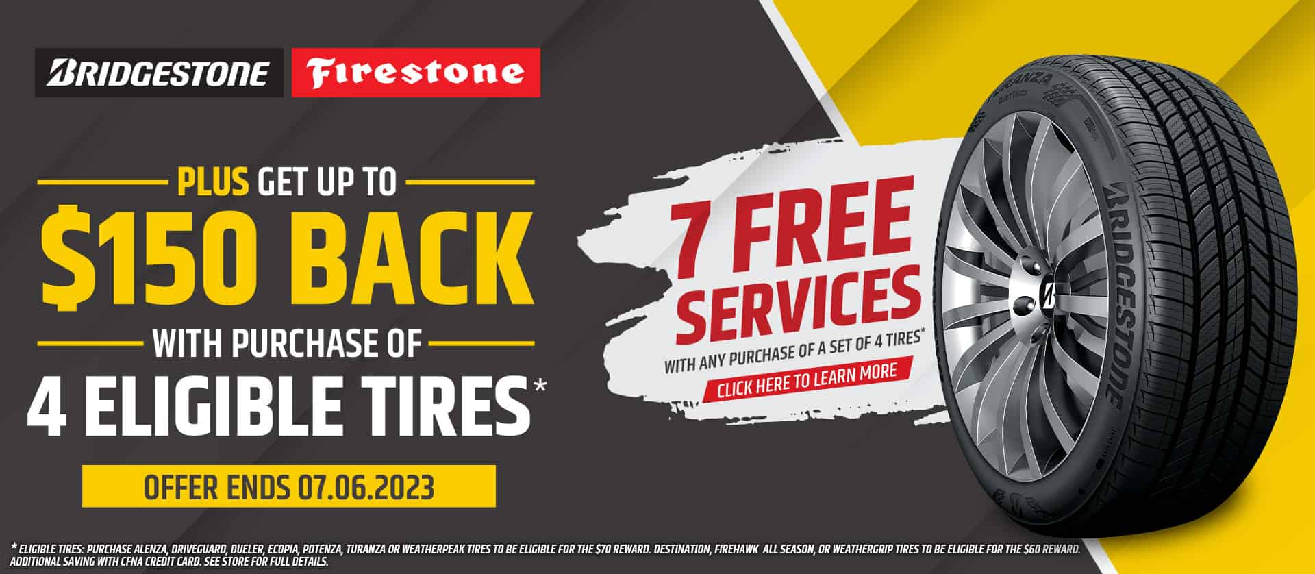 Bridgestone Firestone promotion $100 back on 4 eligible tires, expires 9/4/23
