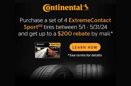 Heinold & Feller | Promotional image for Continental tires offering a $200 rebate on the purchase of 4 ExtremeContact Sport tires, with a "learn how" button and terms detail footnote.