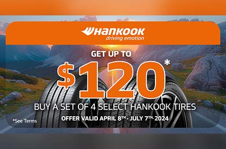 Heinold & Feller | Promotional banner for a tire sale offering up to $120 off on a set of 4 select Hankook tires, valid from April 8th to July 7th, 2024,