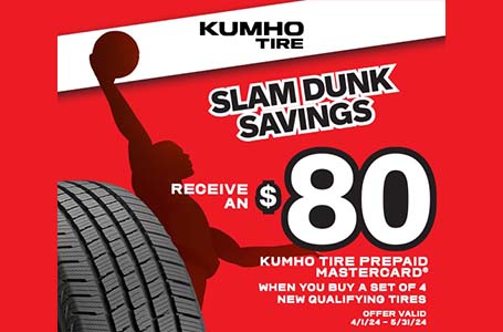 Heinold & Feller | Promotional advertisement for Kumho tire offering an $80 prepaid Mastercard with the purchase of a set of four qualifying new Kumho tires.