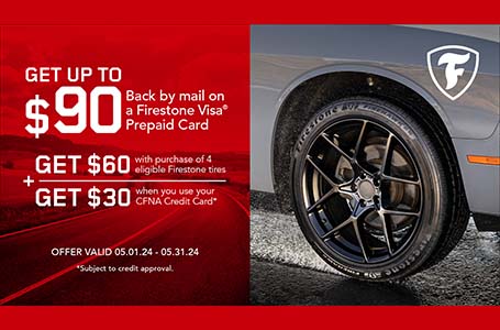 Heinold & Feller | Advertisement for Firestone tires offering a prepaid Visa card rebate with purchase, emphasizing tire safety, featuring an image of a car tire and the Firestone logo.