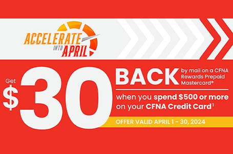 Heinold & Feller | Receive a $30 rebate with a $500+ spend on Firestone Tires using a CFNA credit card in April.
