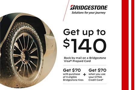 Heinold & Feller | Promotional image for Bridgestone tires offering up to $140 back through mail on a Bridgestone Visa Prepaid Card with qualifying purchases. Includes logos for both Bridgestone and Firestone, along with an image of high-quality tires.