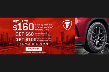 Heinold & Feller | Red promotional advertisement from Firestone offering up to $130 back by mail on a Firestone Visa Prepaid Card with the purchase of four tires and an additional $70 with a CFNA Credit Card. Offer valid from 07.01.24 to 09.02.24.