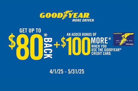 Goodyear-0525 Heinold & Feller | Promotional image for Bridgestone tires offering up to $140 back through mail on a Bridgestone Visa Prepaid Card with qualifying purchases. Includes logos for both Bridgestone and Firestone, along with an image of high-quality tires.