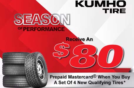 Kumho-0525 Heinold & Feller | Promotional image for Bridgestone tires offering up to $140 back through mail on a Bridgestone Visa Prepaid Card with qualifying purchases. Includes logos for both Bridgestone and Firestone, along with an image of high-quality tires.